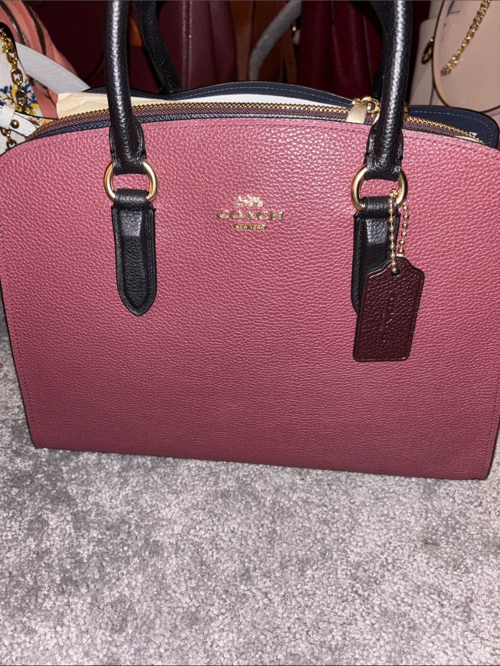 Coach Pebbled Leather Satchel in Wine with Black Handles